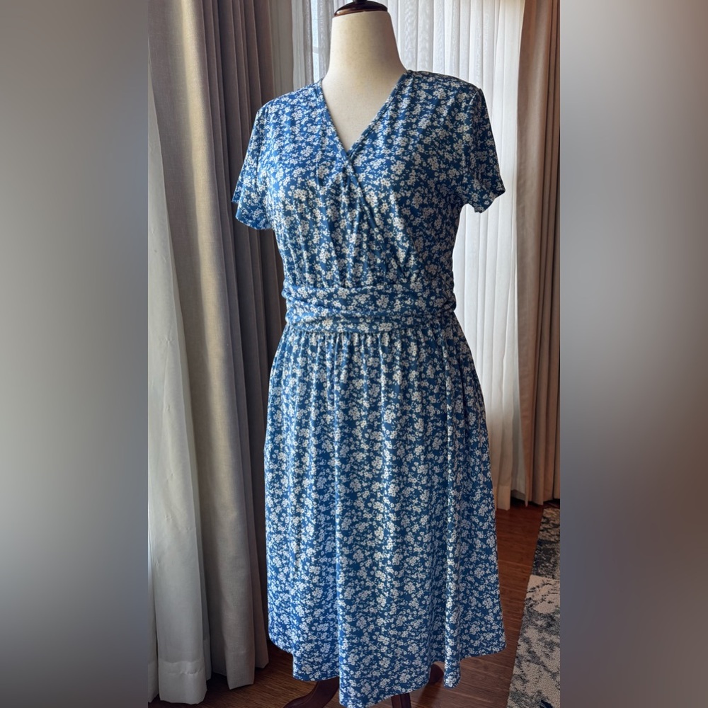 Floral Blue Faux Wrap Dress